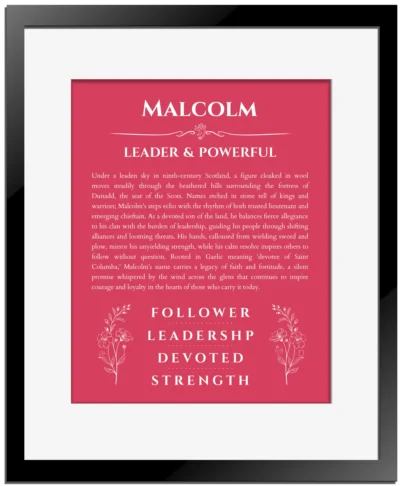 Malcolm name meaning gift print in red with black matte frame