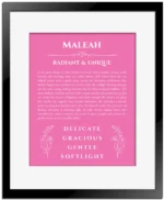 Maleah personalized name meaning print in pink with black matte frame
