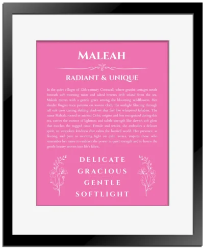 Maleah personalized name meaning print in pink with black matte frame