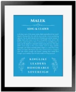 Malek personalized name print with origin and traits in blue with black matte frame