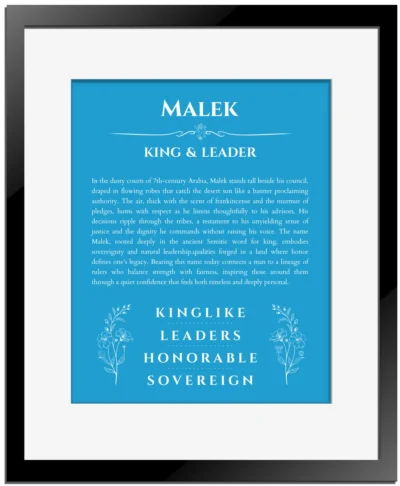 Malek personalized name print with origin and traits in blue with black matte frame