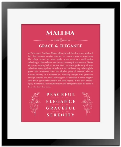 Malena personalized name art with origin story in red with black matte frame