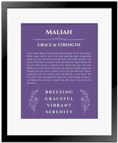 Maliah custom name print for wall display in purple with black matte frame