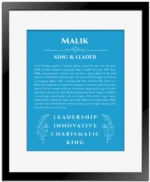 Malik name meaning wall art by Get Your Story in blue with black matte frame