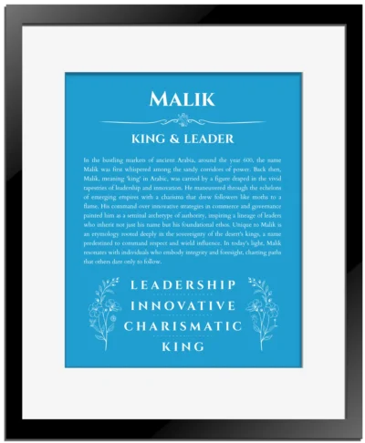 Malik name meaning wall art by Get Your Story in blue with black matte frame