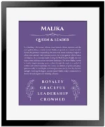 Malika personalized name art with origin story in purple with black matte frame