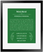 Malikai personalized name art with origin story in dark green with black matte frame