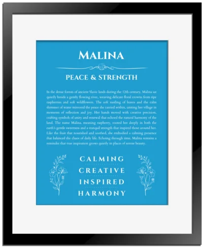 Malina name meaning wall art by Get Your Story in blue with black matte frame