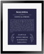 Malinda personalized name art with origin story in navy blue with black matte frame
