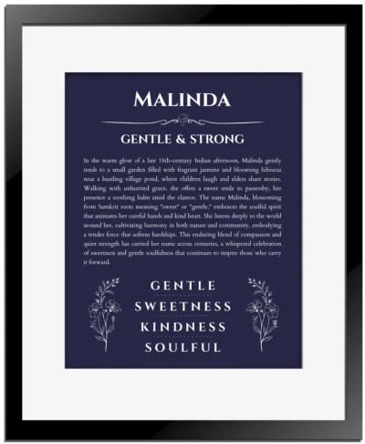 Malinda personalized name art with origin story in navy blue with black matte frame