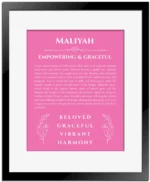 Maliyah personalized name art with origin story in pink with black matte frame