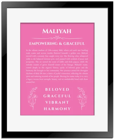 Maliyah personalized name art with origin story in pink with black matte frame