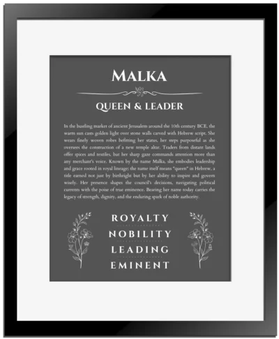Malka name origin print with meaning and traits in gray with black matte frame
