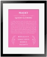 Malky personalized name print with origin and traits in pink with black matte frame