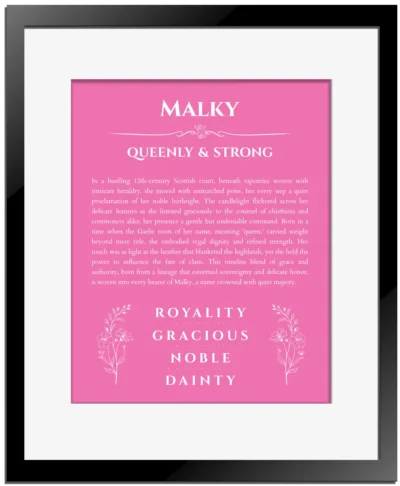 Malky personalized name print with origin and traits in pink with black matte frame