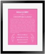 Mallory name meaning wall art by Get Your Story in pink with black matte frame