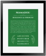 Mamadou custom name meaning print in dark green with black matte frame
