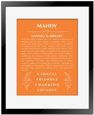 Mandy personalized wall art with the story of your name in orange with black matte frame