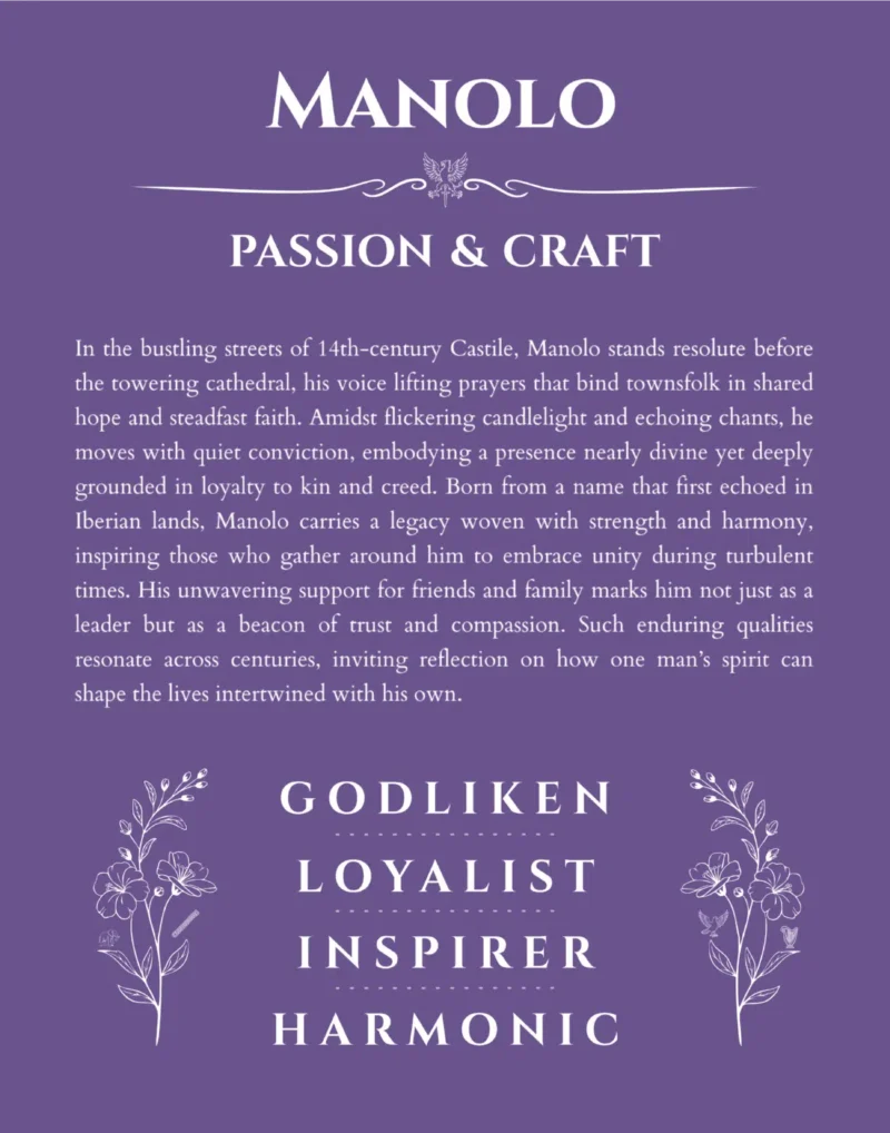 Manolo personalized wall art with the story of your name in purple