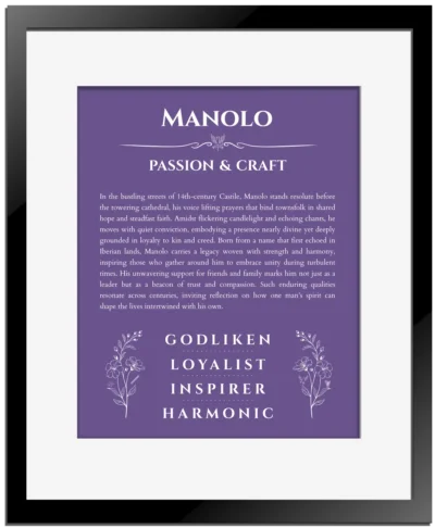 Manolo personalized wall art with the story of your name in purple with black matte frame