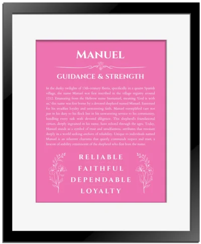 Manuel custom name meaning print in pink with black matte frame