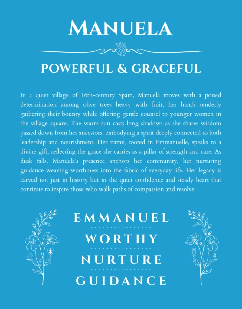 Manuela personalized wall art with the story of your name in blue