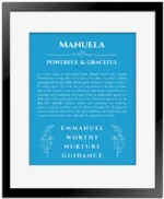 Manuela personalized wall art with the story of your name in blue with black matte frame