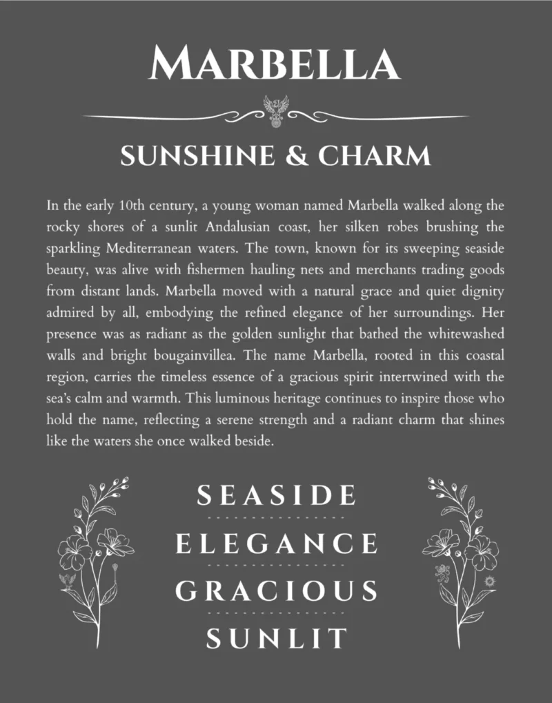 Marbella custom name art showing meaning and origin in gray