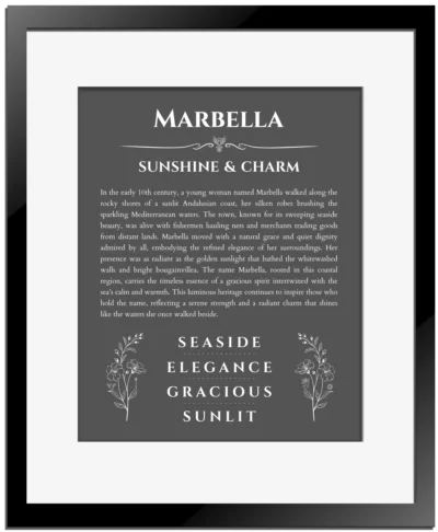 Marbella custom name art showing meaning and origin in gray with black matte frame