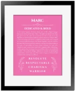 Marc personalized wall art with the story of your name in pink with black matte frame