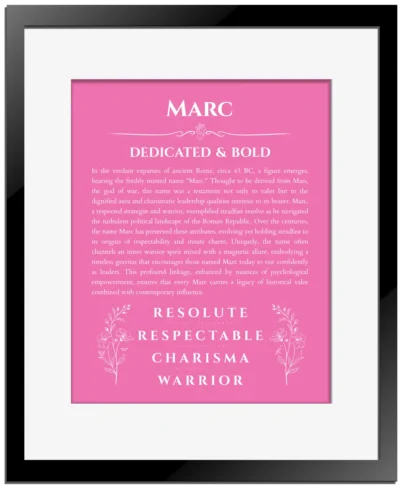 Marc personalized wall art with the story of your name in pink with black matte frame