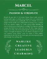 Marcel personalized name art with origin story in dark green