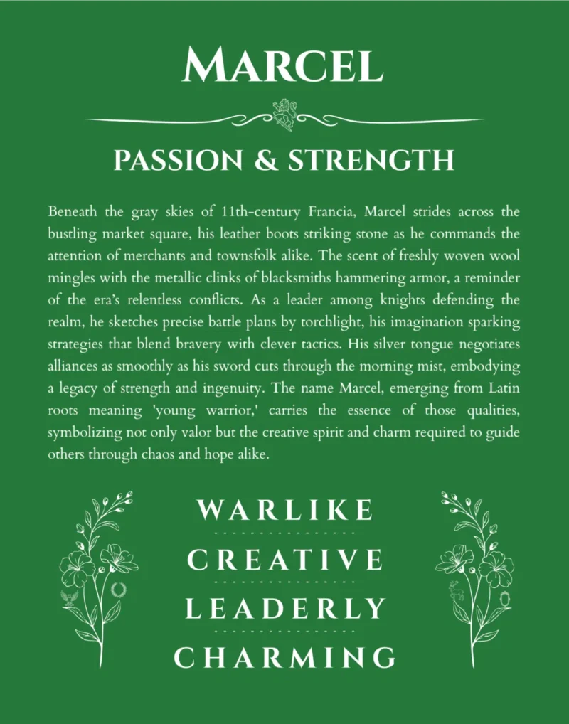 Marcel personalized name art with origin story in dark green