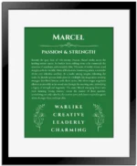 Marcel personalized name art with origin story in dark green with black matte frame