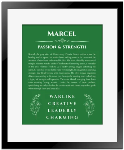 Marcel personalized name art with origin story in dark green with black matte frame