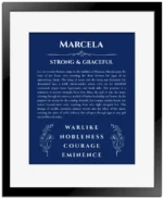 Marcela name meaning wall art by Get Your Story in deep blue with black matte frame