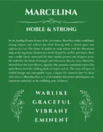 Marcelina personalized name art with origin story in dark green