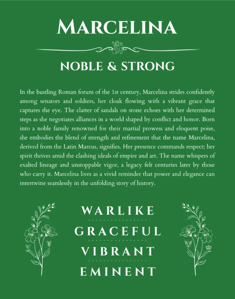 Marcelina personalized name art with origin story in dark green