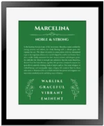 Marcelina personalized name art with origin story in dark green with black matte frame