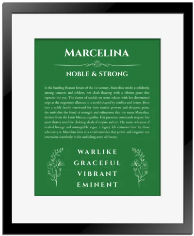 Marcelina personalized name art with origin story in dark green with black matte frame