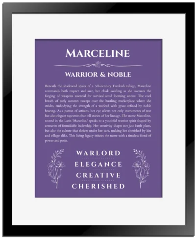 Marceline personalized name art with origin story in purple with black matte frame