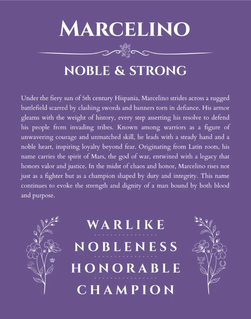 Marcelino name origin print with meaning and traits in purple