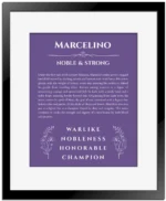 Marcelino name origin print with meaning and traits in purple with black matte frame
