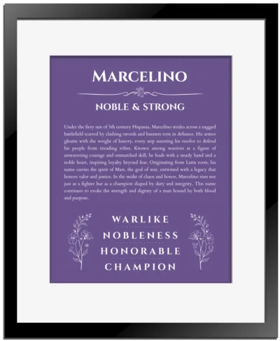 Marcelino name origin print with meaning and traits in purple with black matte frame