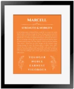 Marcell name meaning wall art by Get Your Story in orange with black matte frame