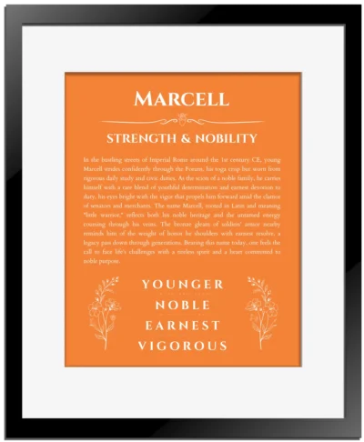 Marcell name meaning wall art by Get Your Story in orange with black matte frame