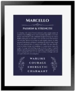 Marcello personalized wall art with the story of your name in navy blue with black matte frame