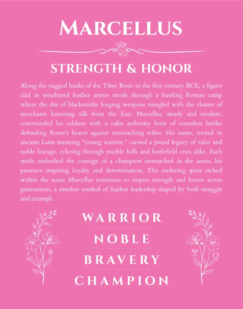 Marcellus custom name art showing meaning and origin in pink