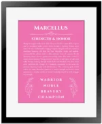 Marcellus custom name art showing meaning and origin in pink with black matte frame