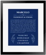 Marcelo custom name meaning print in deep blue with black matte frame